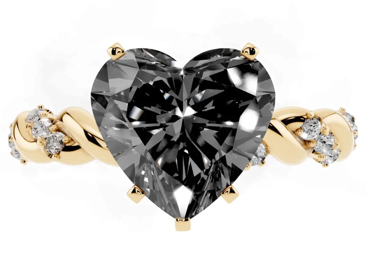 Fancy Black Heart Cut Diamond Solitaire Ring with Twisted Band and Pavé Accents Yellow gold
