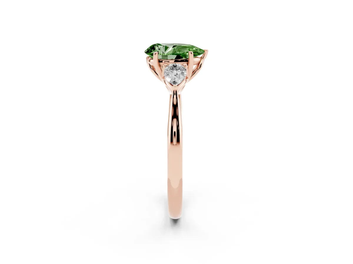 Fancy Green Pear Cut Diamond Three-Stone Ring with Pear Side Stones and Prong Setting Rose gold