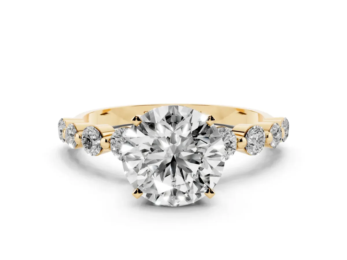 Round Cut Solitaire Diamond Ring with Pave Band and Four-Prong Setting Yellow gold