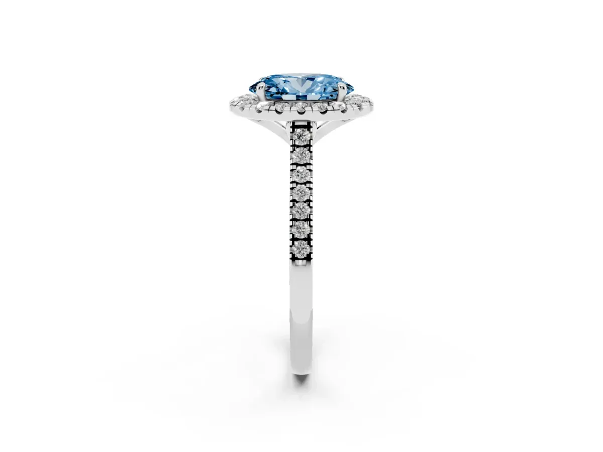 Fancy Blue Oval Cut Diamond Cushion Halo Ring with Pavé Band Silver
