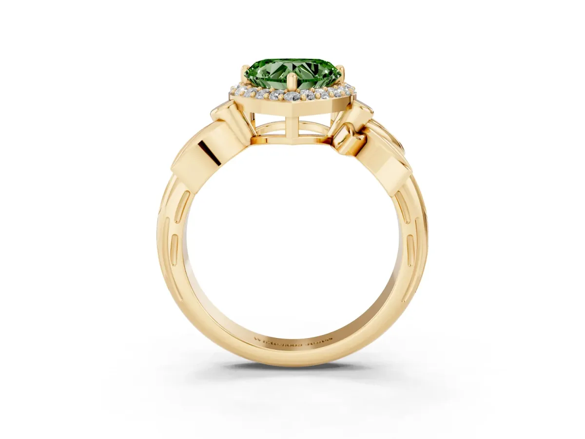 Fancy Green Heart Cut Halo Diamond Floral Band with Four-Prong Setting Yellow gold