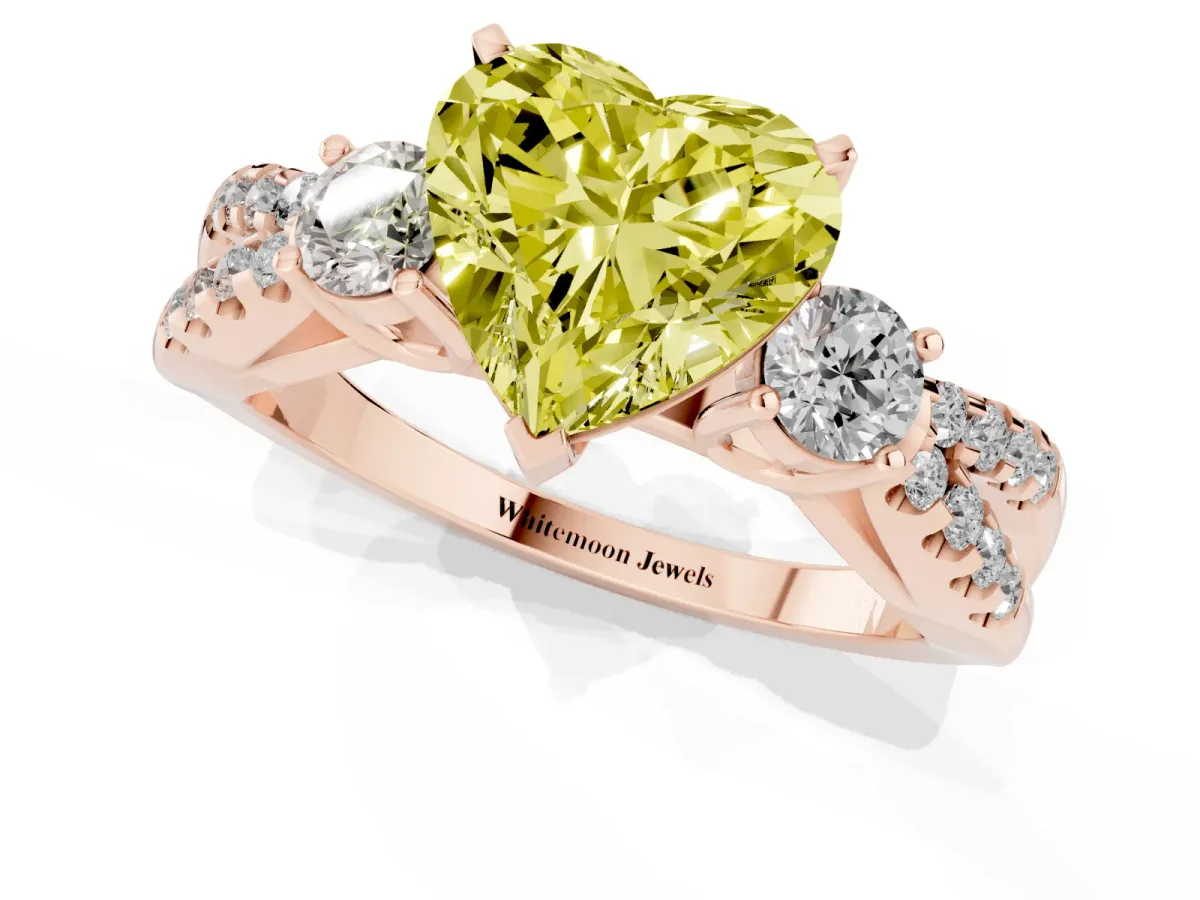 Fancy Yellow Heart Cut Diamond Three-Stone Ring with Pavé Split Shank and Four-Prong Setting Rose gold