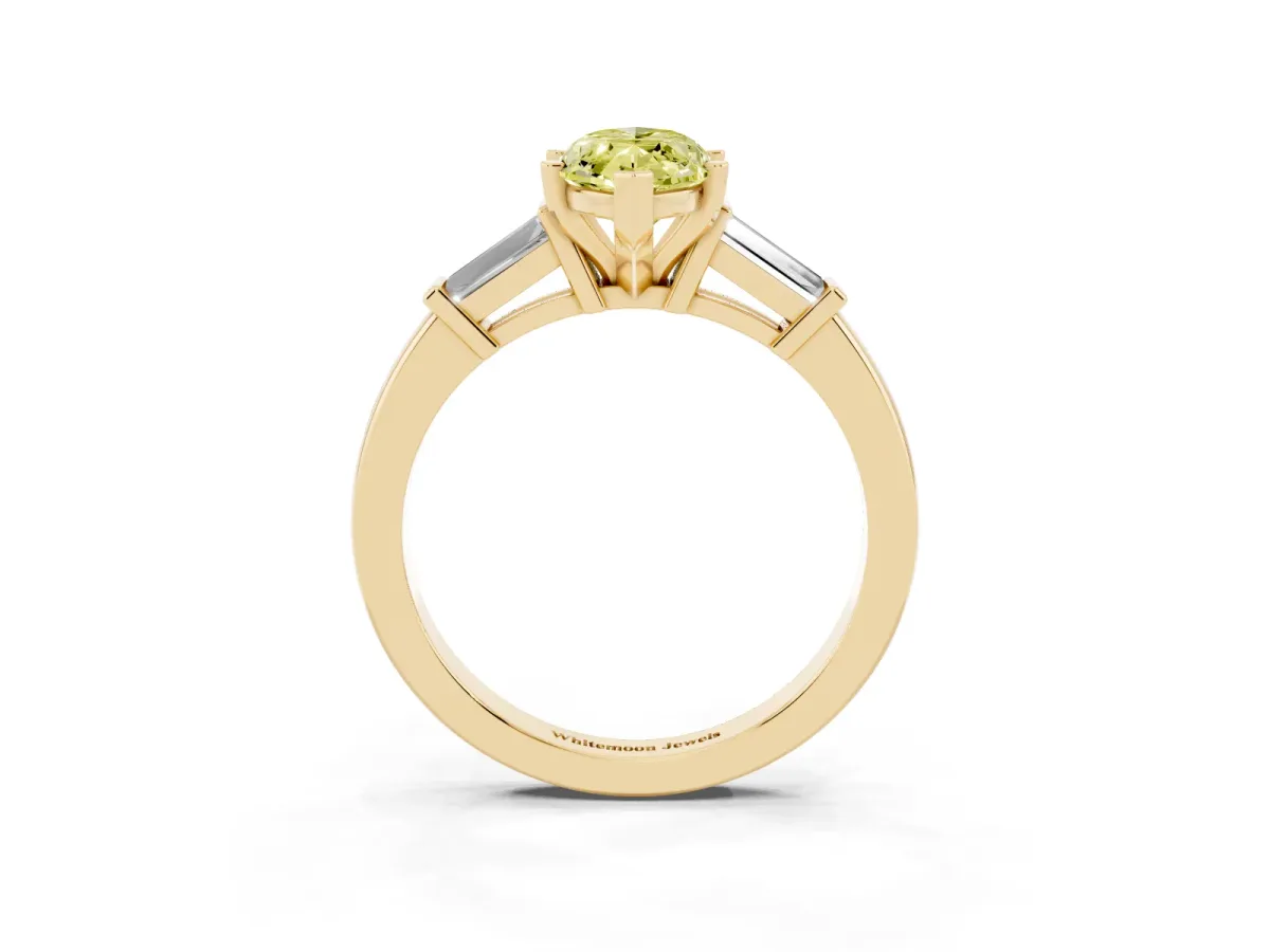 Fancy Yellow Marquise Cut Cut Diamond Solitaire Ring with Tapered Baguette Accents and Four-Prong Setting Yellow gold