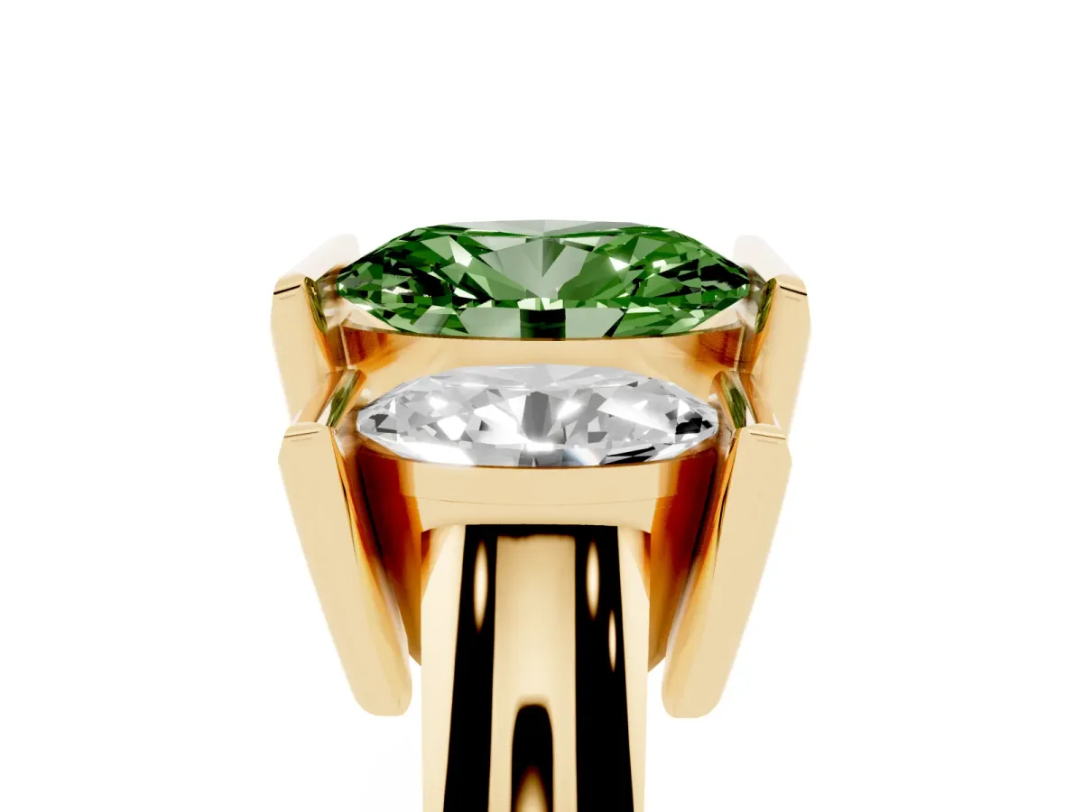 Fancy Green Three Stone Oval Cut Cut Channel Set Diamond Ring Yellow gold