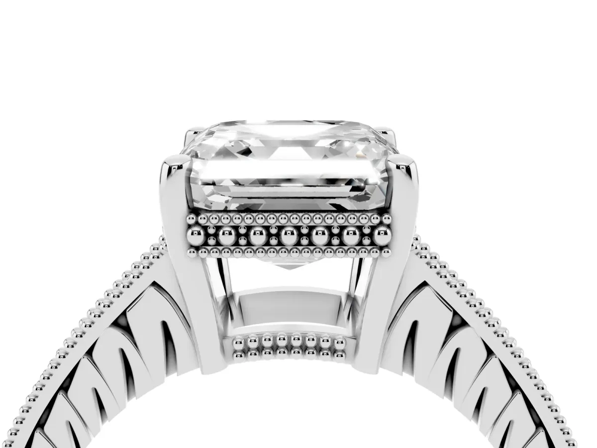Asscher Cut Solitaire Pavé Diamond Milgrain Engagement Ring with Four-Prong Setting Silver