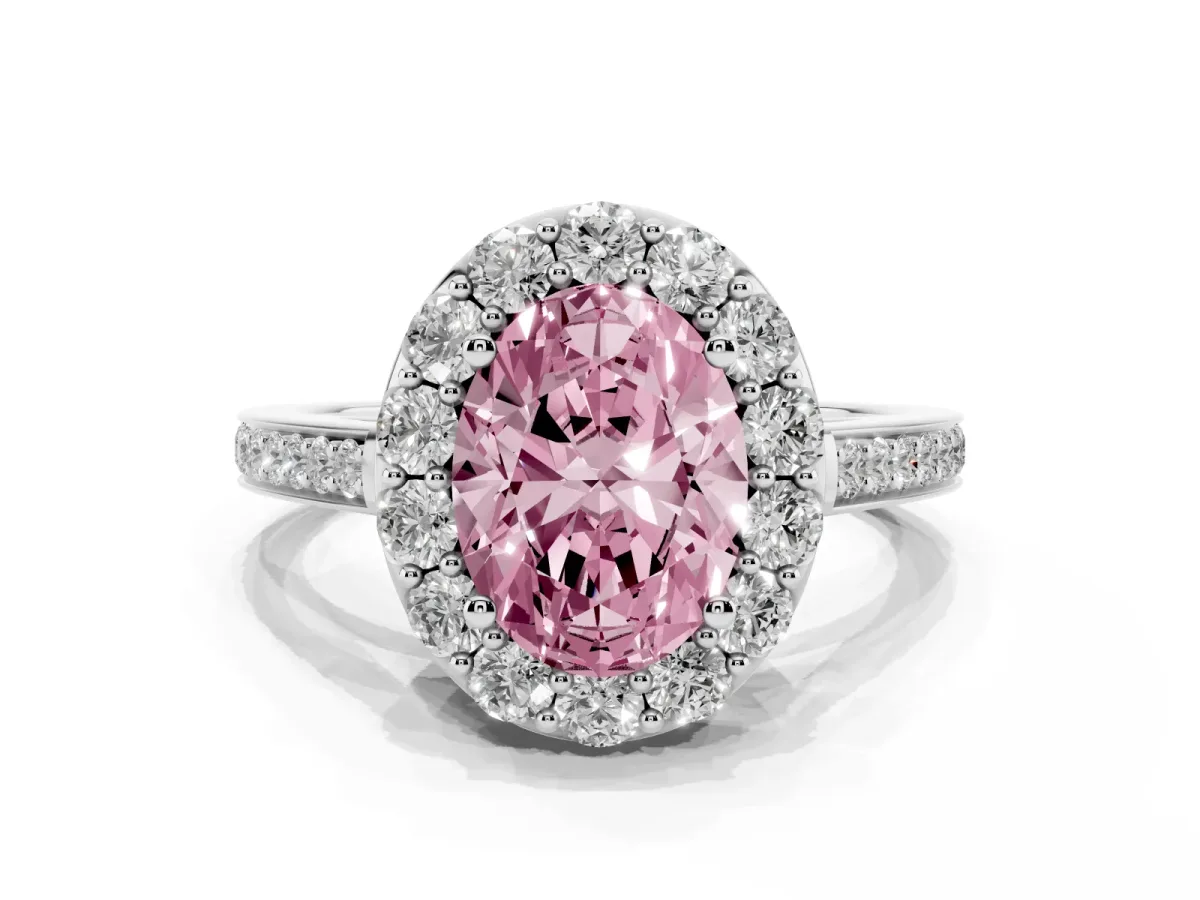 Fancy Pink Oval Cut Diamond Floral Halo Ring with Pavé Band and Prong Setting Platinum