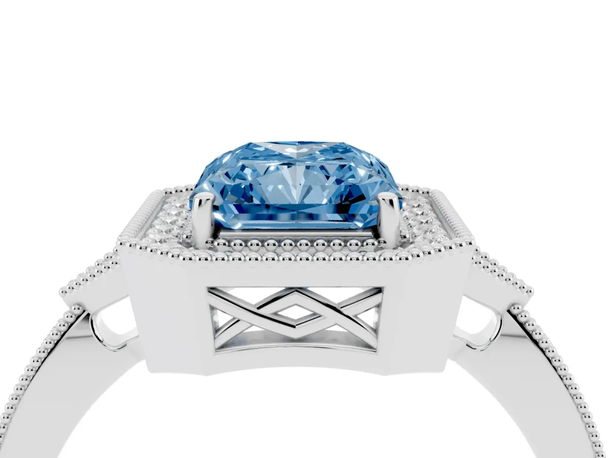 Fancy Blue Radiant Cut Halo Round Diamond Milgrain Pave Engagement Ring Platinum