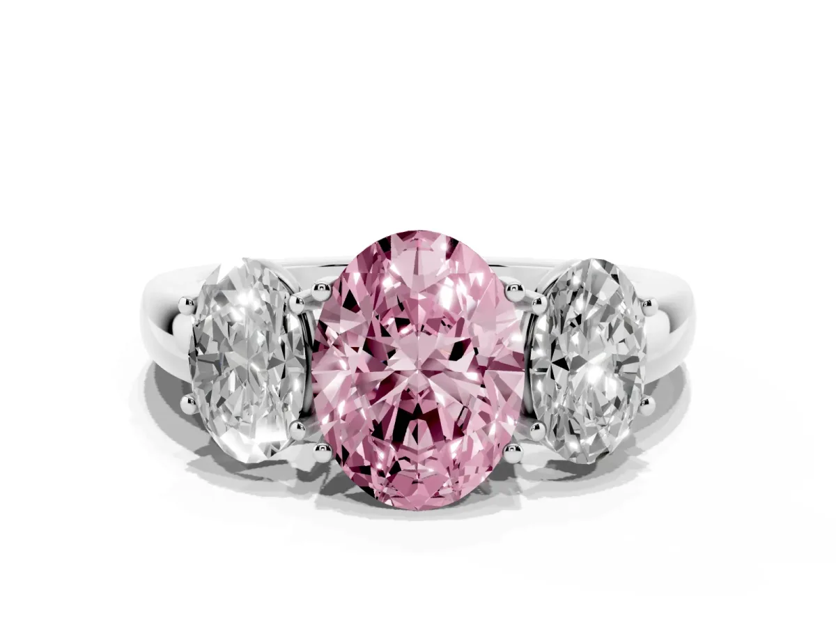 Fancy Pink Oval Cut Diamond Three-Stone Ring with Four-Prong Setting and Classic Band Silver
