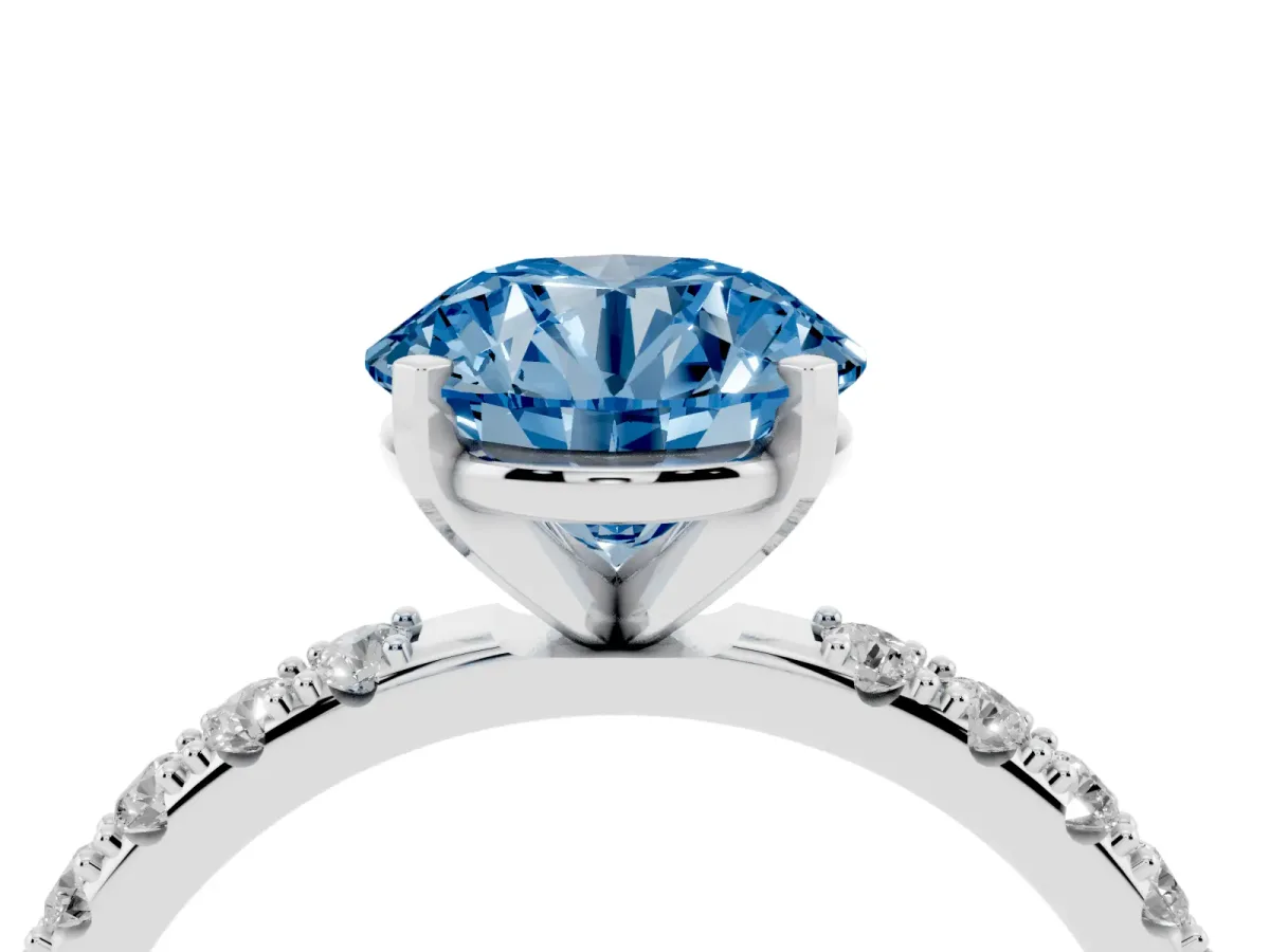 Fancy Blue Round Cut Diamond Solitaire Pavé Band with Four-Prong Setting Silver