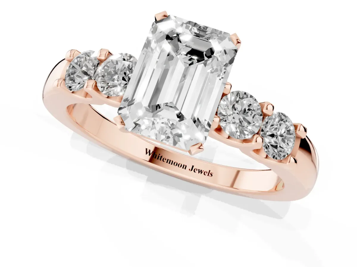 Emerald Cut Brilliant Cut Diamond Five-Stone Prong Set Engagement Ring with Channel Band Rose gold
