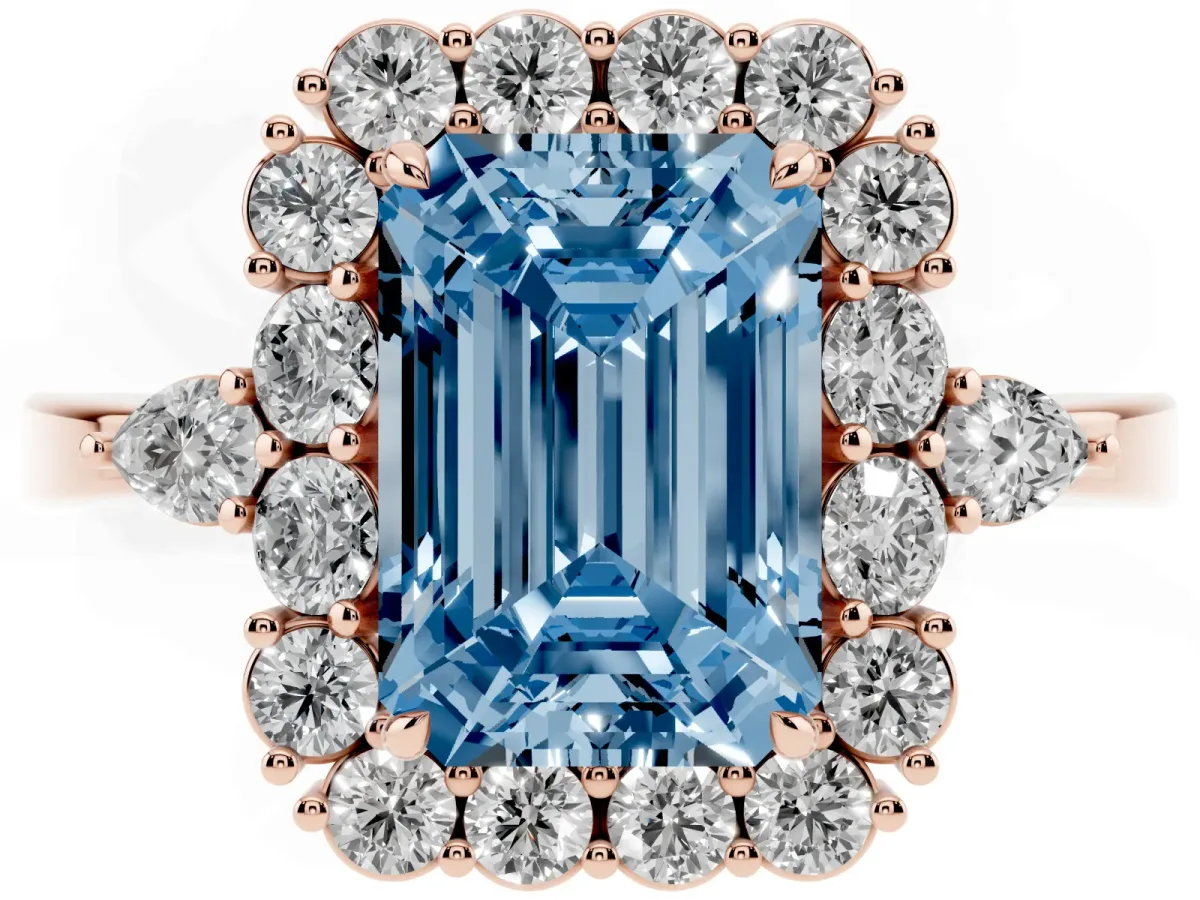 Fancy Blue Emerald Cut Diamond Halo Ring with Pear Side Stones and Prong Setting Rose gold
