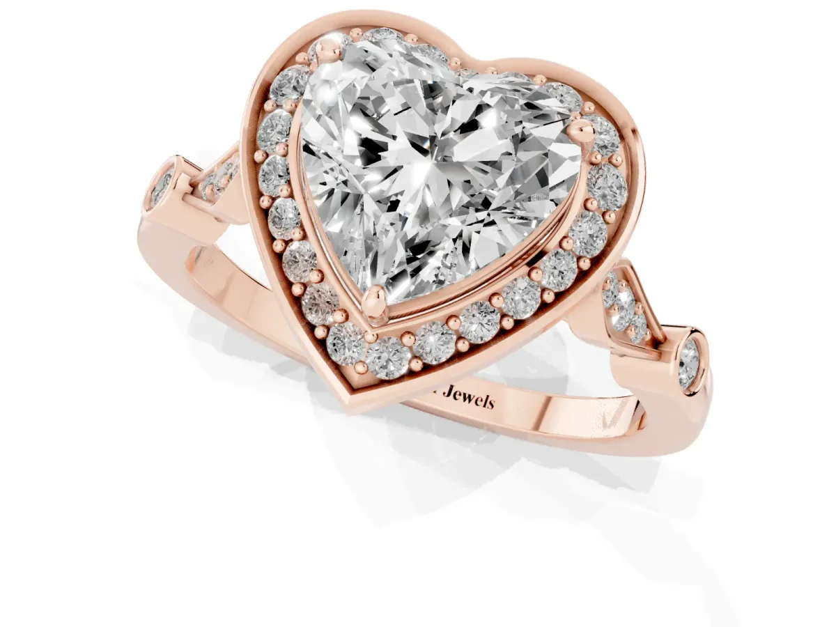 Heart Cut Halo Diamond Engagement Ring with Twisted Band and Four-Prong Setting Rose gold