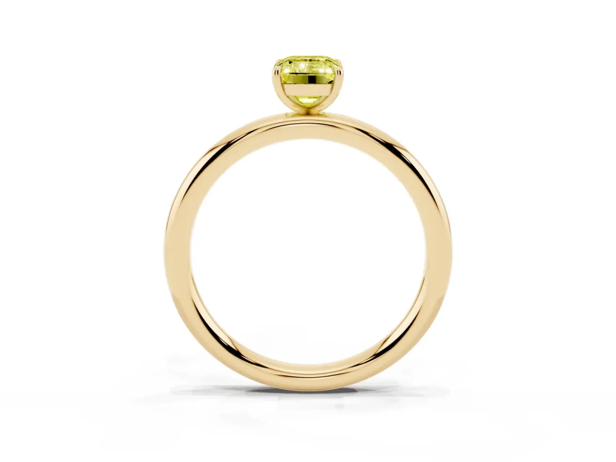 Fancy Yellow Emerald Cut Solitaire Diamond Ring with Four-Prong Setting on a Plain Band Yellow gold