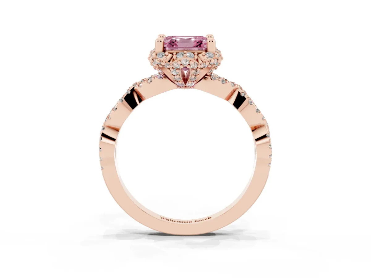 Fancy Pink Asscher Cut Halo Twist Band Solitaire Ring with Six-Prong Setting Rose gold
