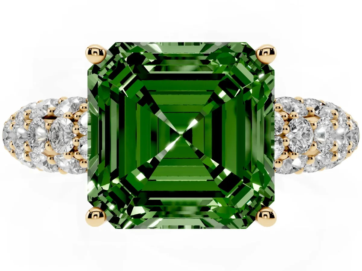 Fancy Green Asscher Cut Diamond Pavé Band Solitaire Ring with Four-Prong Setting Yellow gold