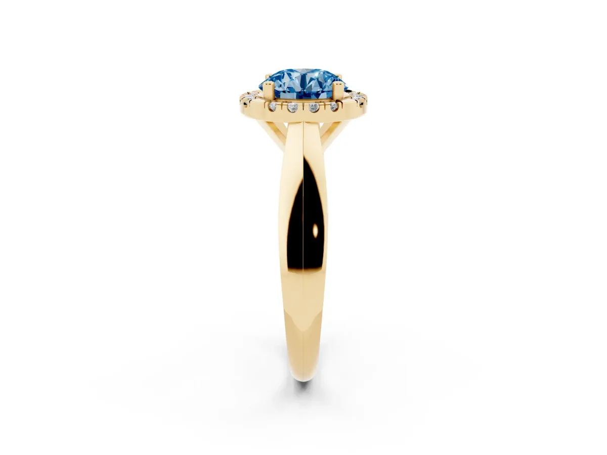 Fancy Blue Round Cut Cut Halo Solitaire Engagement Ring with Square Band and Four-Prong Setting Yellow gold
