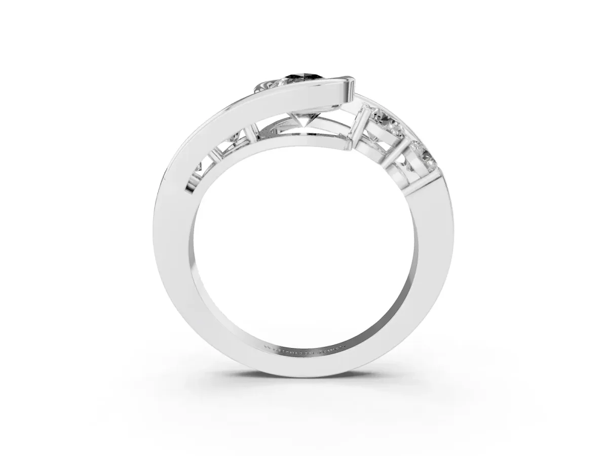Fancy Black Bezel Set Pear Cut Diamond Bypass Ring with Round Accents Silver