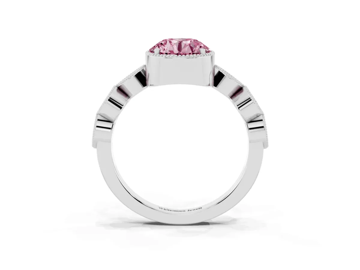 Fancy Pink Round Cut Diamond Vintage Milgrain Ring with Round Stations Silver