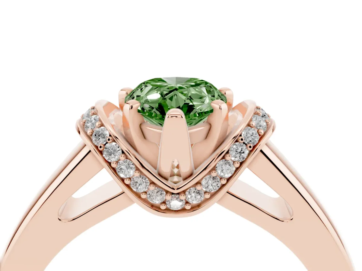 Fancy Green Pear Cut Solitaire Diamond Ring with Pave Band and Six-Prong Setting Rose gold
