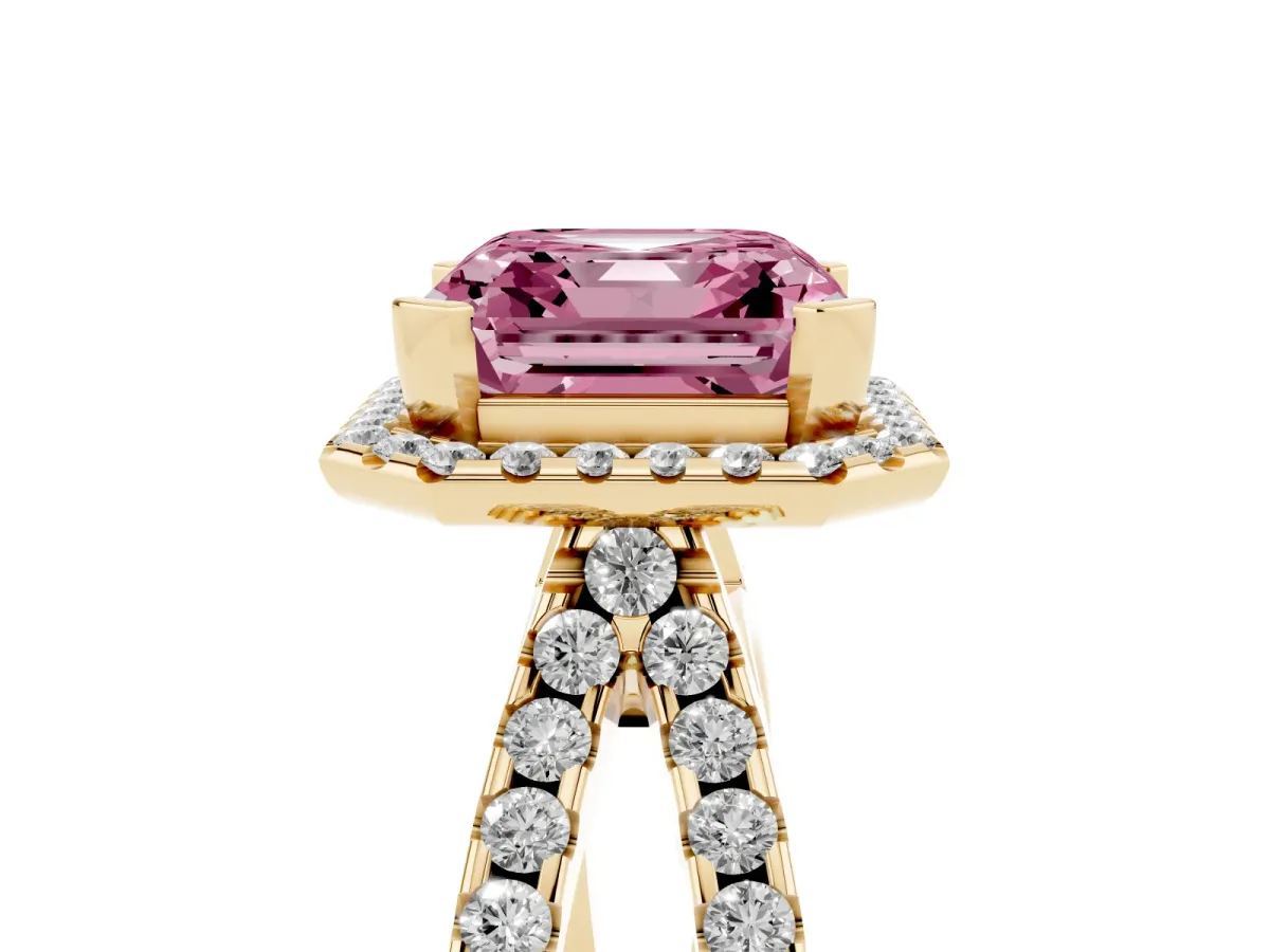 Fancy Pink Asscher Cut Diamond Halo Ring with Split Shank Pavé Band and Prong Setting Yellow gold