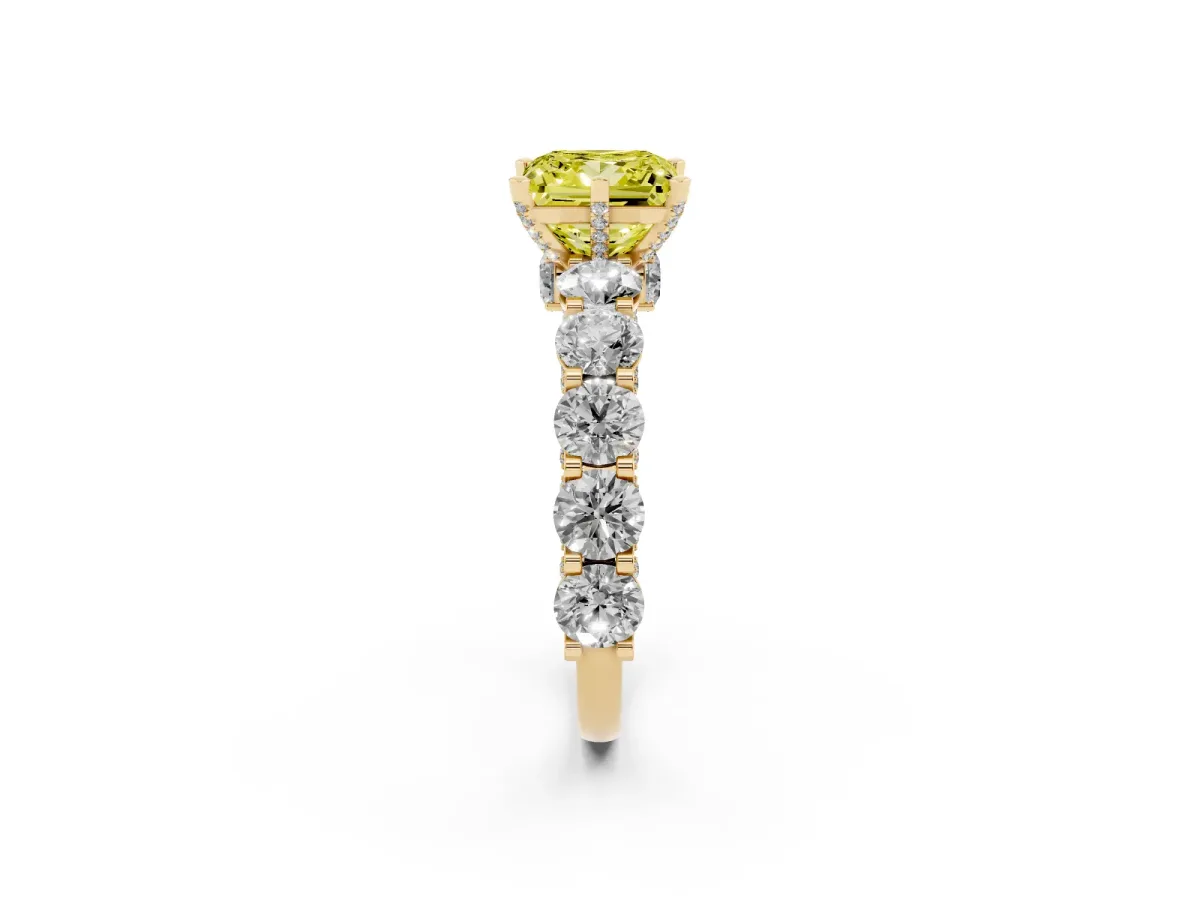 Fancy Yellow Princess Cut Diamond Side Stone Engagement Ring with Four-Prong Setting Yellow gold