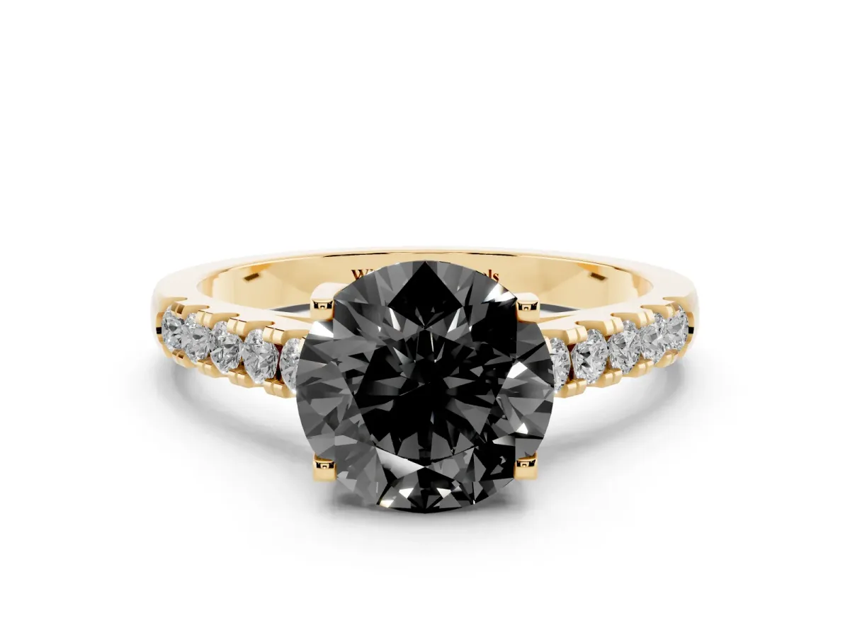 Fancy Black Round Cut Diamond Pavé Band Solitaire Ring with Prong Setting Yellow gold