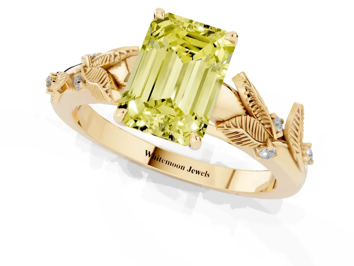 Fancy Yellow Emerald Cut Diamond Solitaire Ring with Leaf Motif Band and Four-Prong Setting Yellow gold