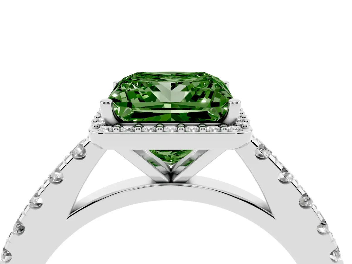 Fancy Green Princess Cut Cut Halo Diamond Engagement Ring with Pave Band and Four-Prong Setting Platinum