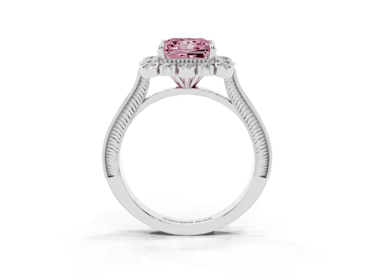 Fancy Pink Princess Cut Halo Milgrain Pave Diamond Ring with Four-Prong Setting Platinum