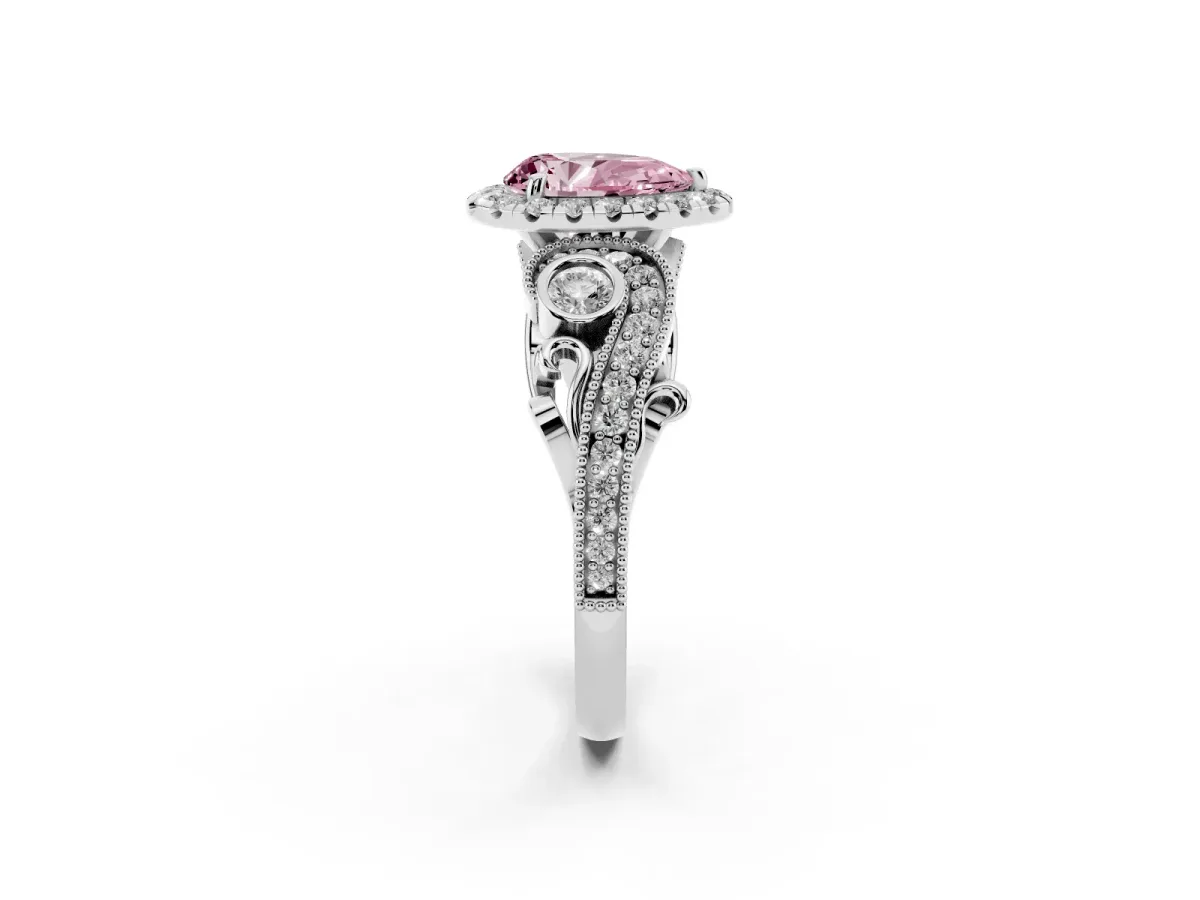 Fancy Pink Pear Cut Diamond Halo Ring with Milgrain Pavé Band and Four-Prong Setting Silver