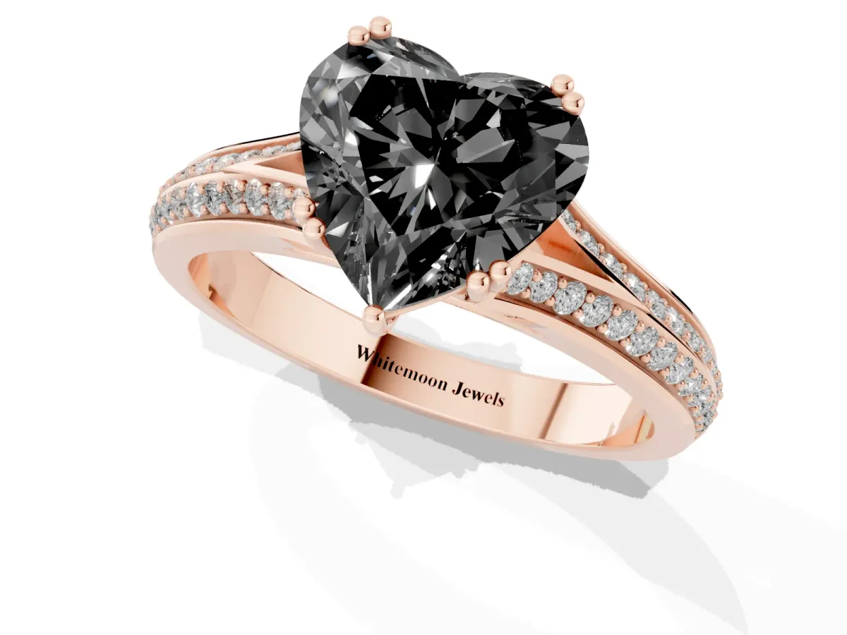 Fancy Black Heart Cut Diamond Split Shank Engagement Ring with Pavé Band Rose gold