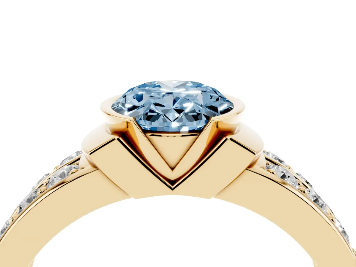 Fancy Blue Oval Cut Brilliant Diamond Channel Set Wide Band Ring with Bezel Setting Yellow gold