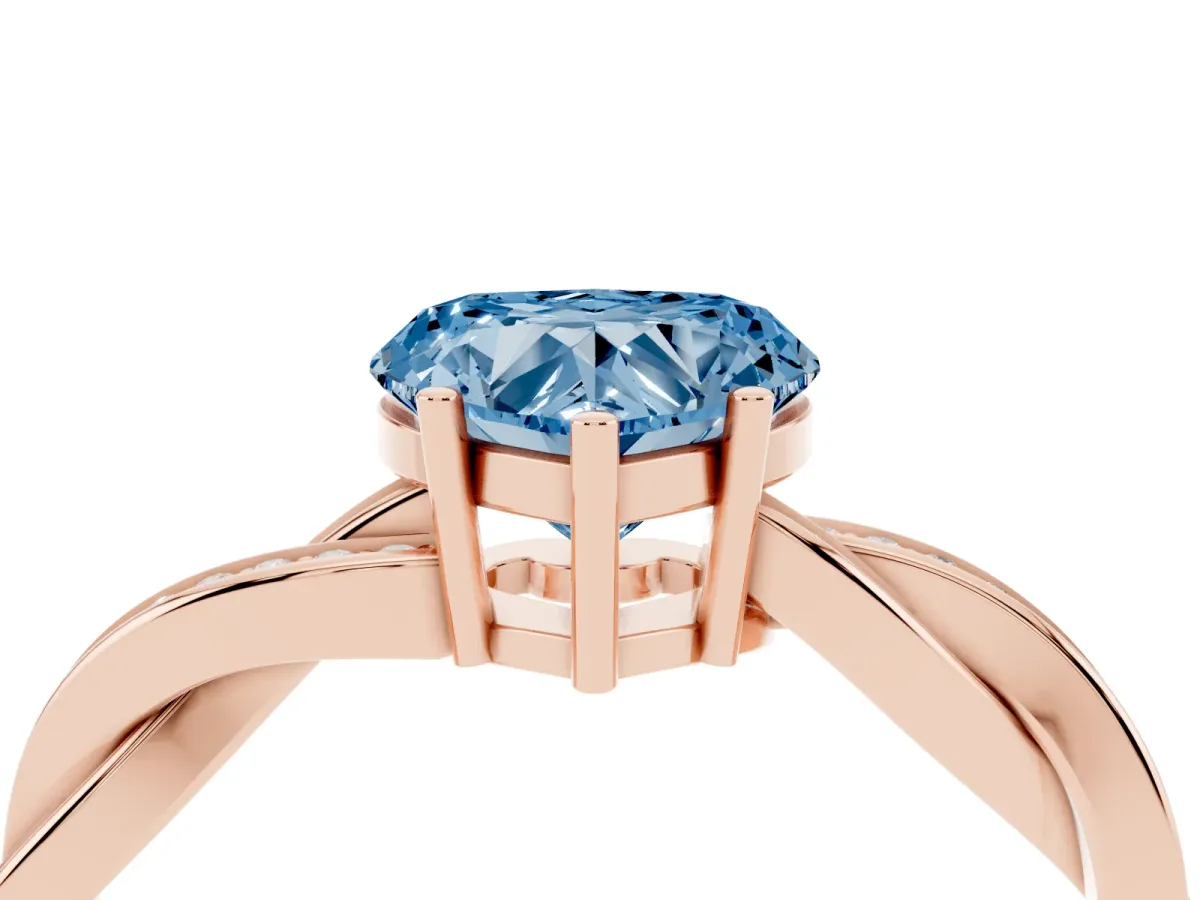 Fancy Blue Heart Cut Solitaire Twisted Pave Diamond Ring with Four-Prong Setting Rose gold