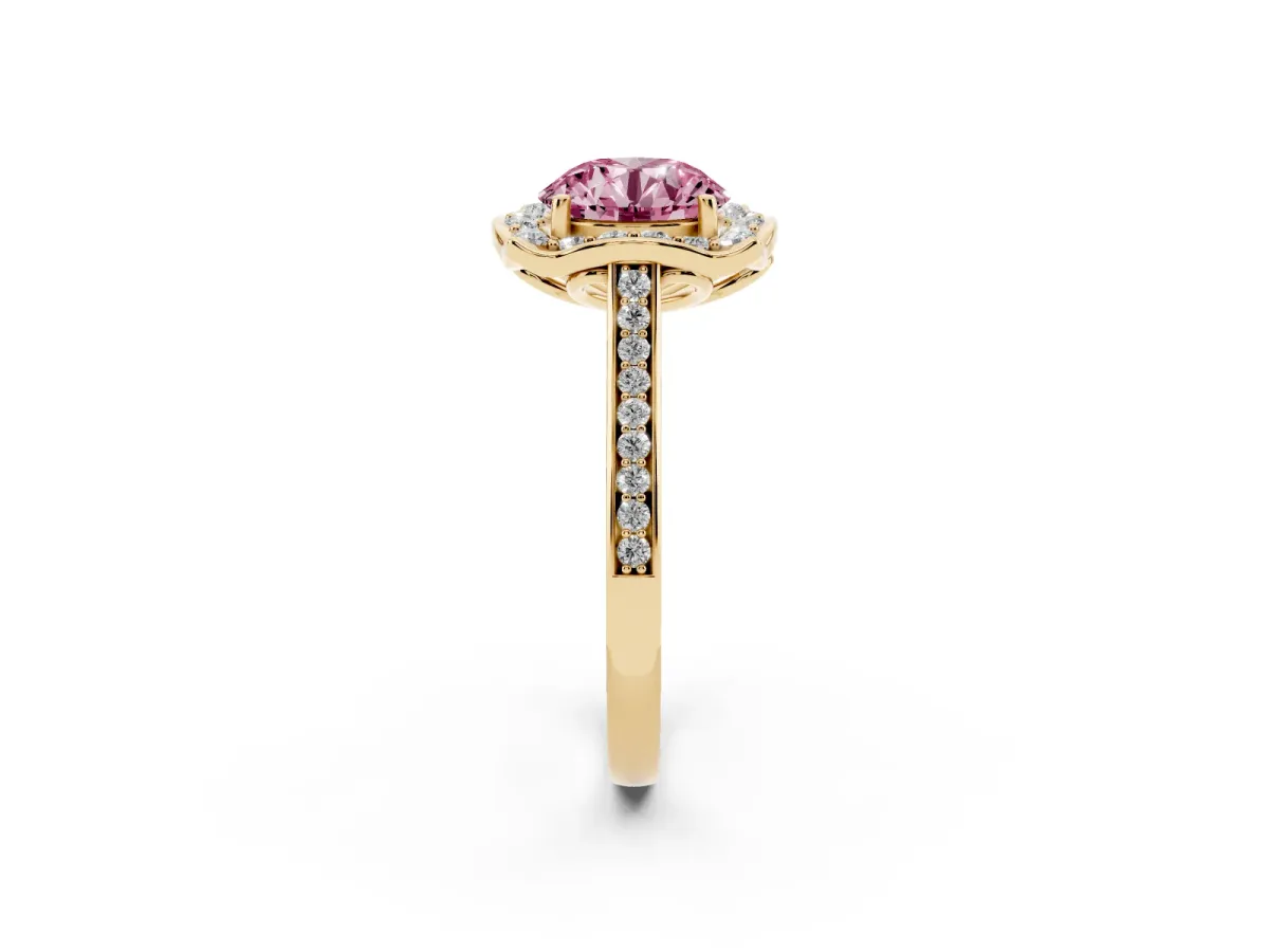 Fancy Pink Round Cut Halo Round Diamond Pave Band with Four-Prong Setting Yellow gold