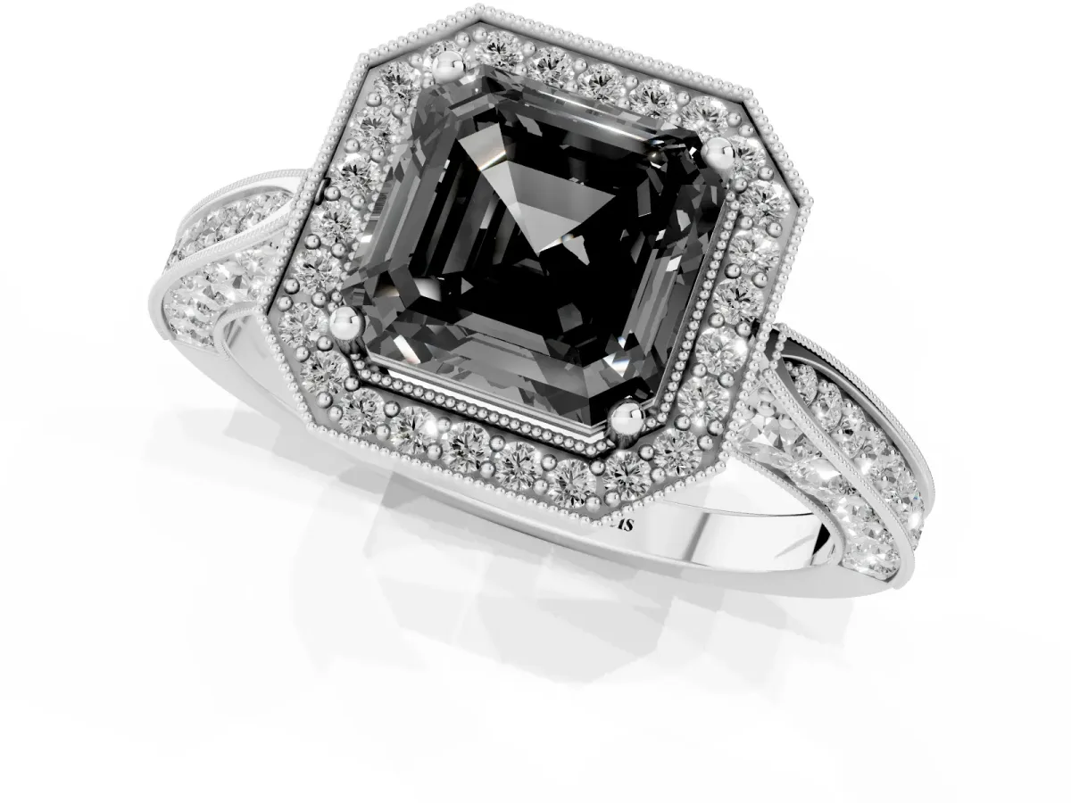 Fancy Black Asscher Cut Halo Diamond Engagement Ring with Split Shank Band and Four-Prong Setting Platinum