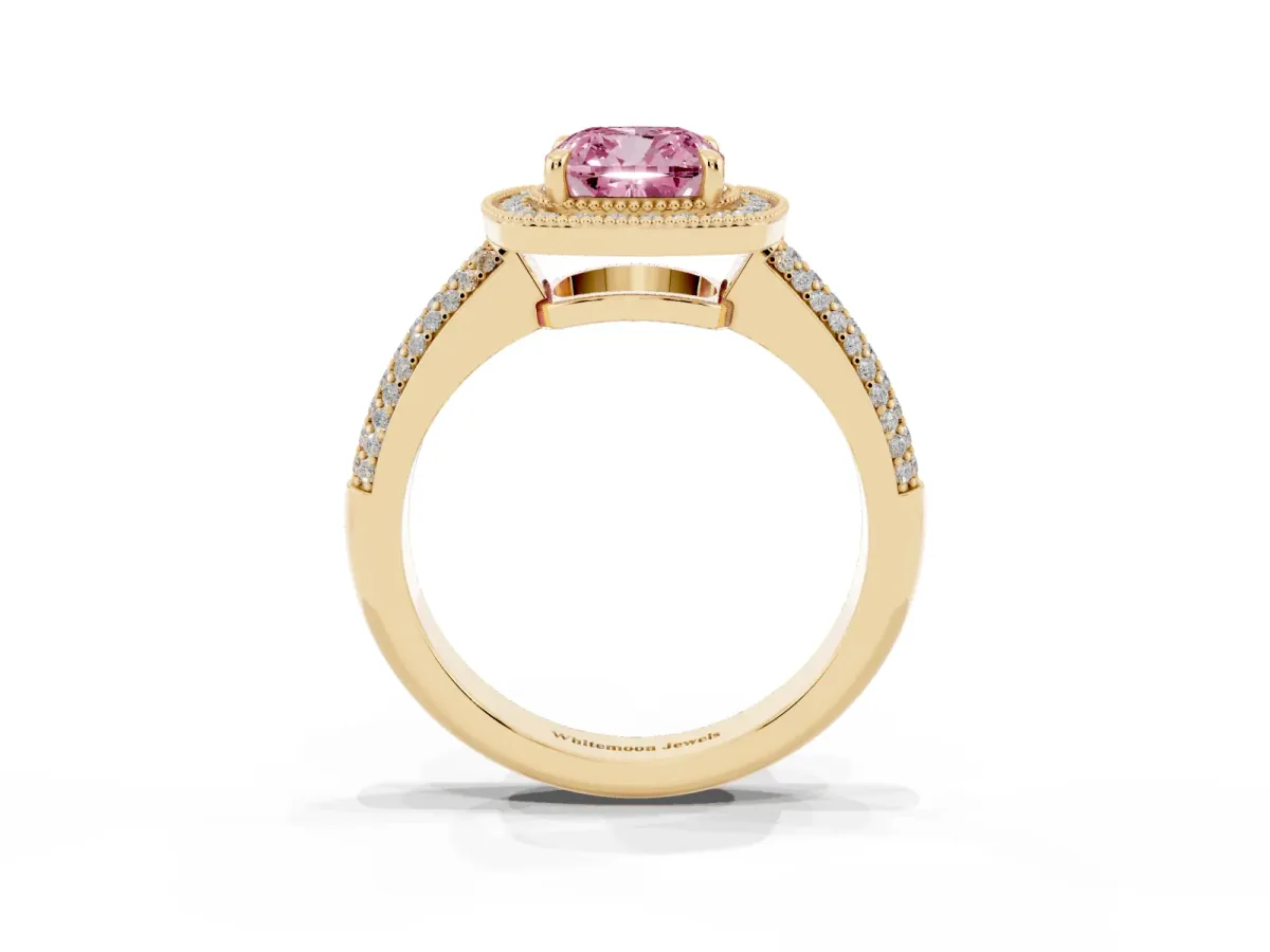 Fancy Pink Cushion Cut Cut Halo Diamond Pave Band with Four-Prong Setting Yellow gold
