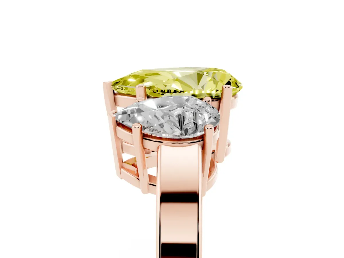 Fancy Yellow Three-Stone Pear Cut Cut Diamond Engagement Ring with Flat Band and Four-Prong Setting Rose gold