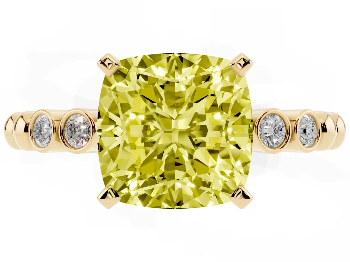 Fancy Yellow Cushion Cut Solitaire Bezel Accent Diamond Engagement Ring with Beaded Band and Four-Prong Setting Yellow gold