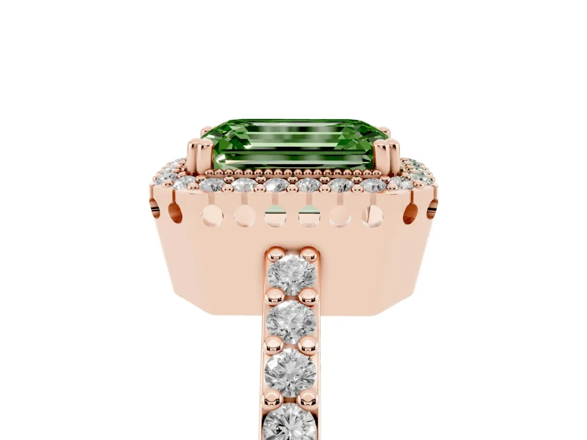 Fancy Green Emerald Cut Cut Diamond Halo Engagement Ring with Milgrain Detail and Pavé Band Rose gold