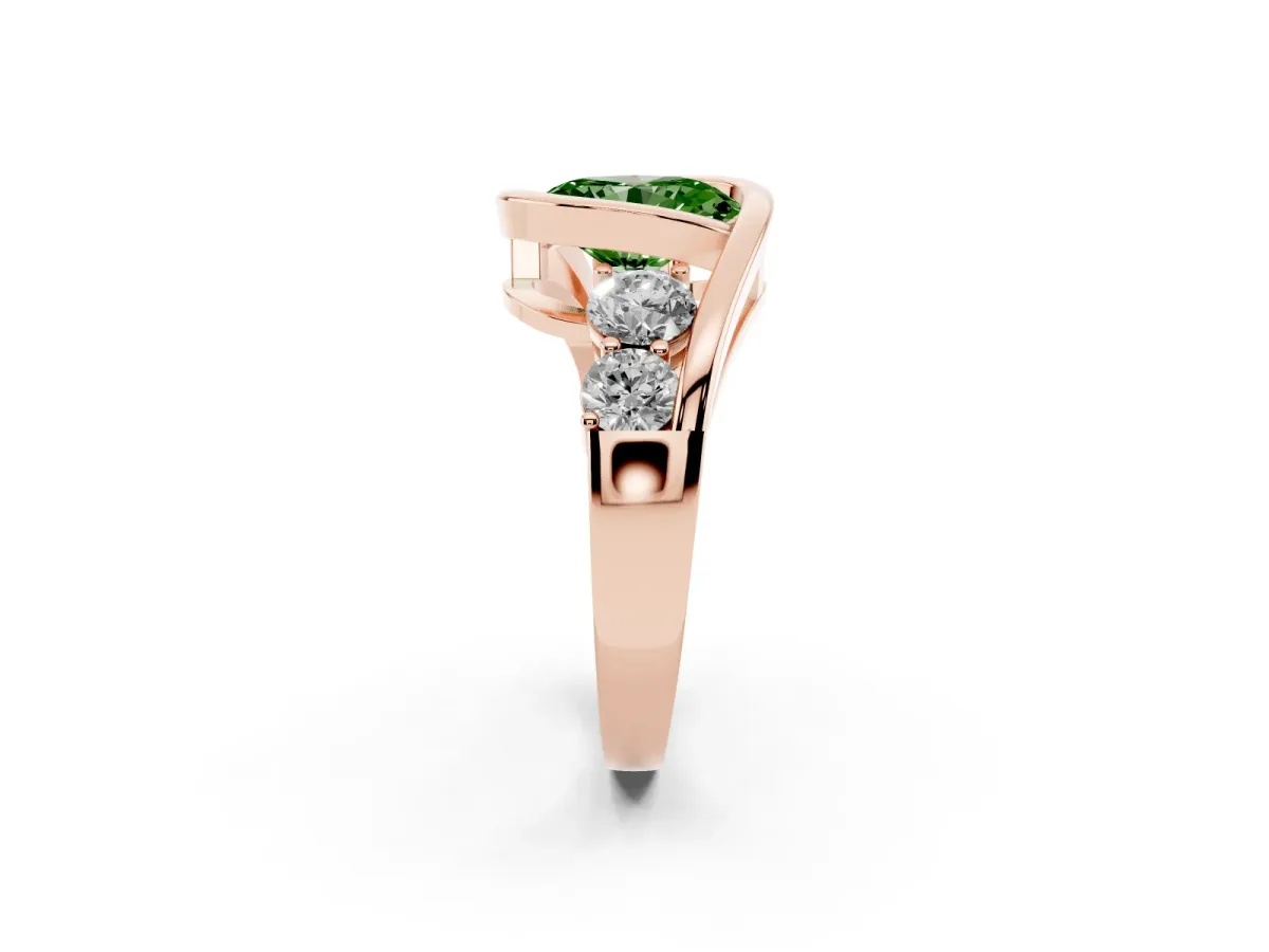 Fancy Green Bezel Set Oval Cut Diamond Bypass Ring with Round Accents Rose gold