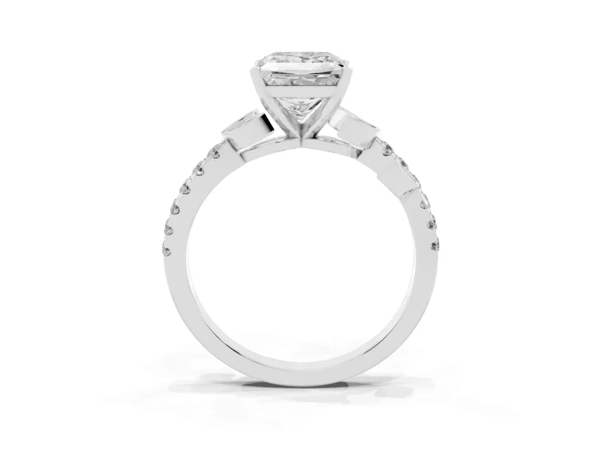 Princess Cut Solitaire Leaf-Inspired Diamond Ring with Pavé Band and Four-Prong Setting Silver