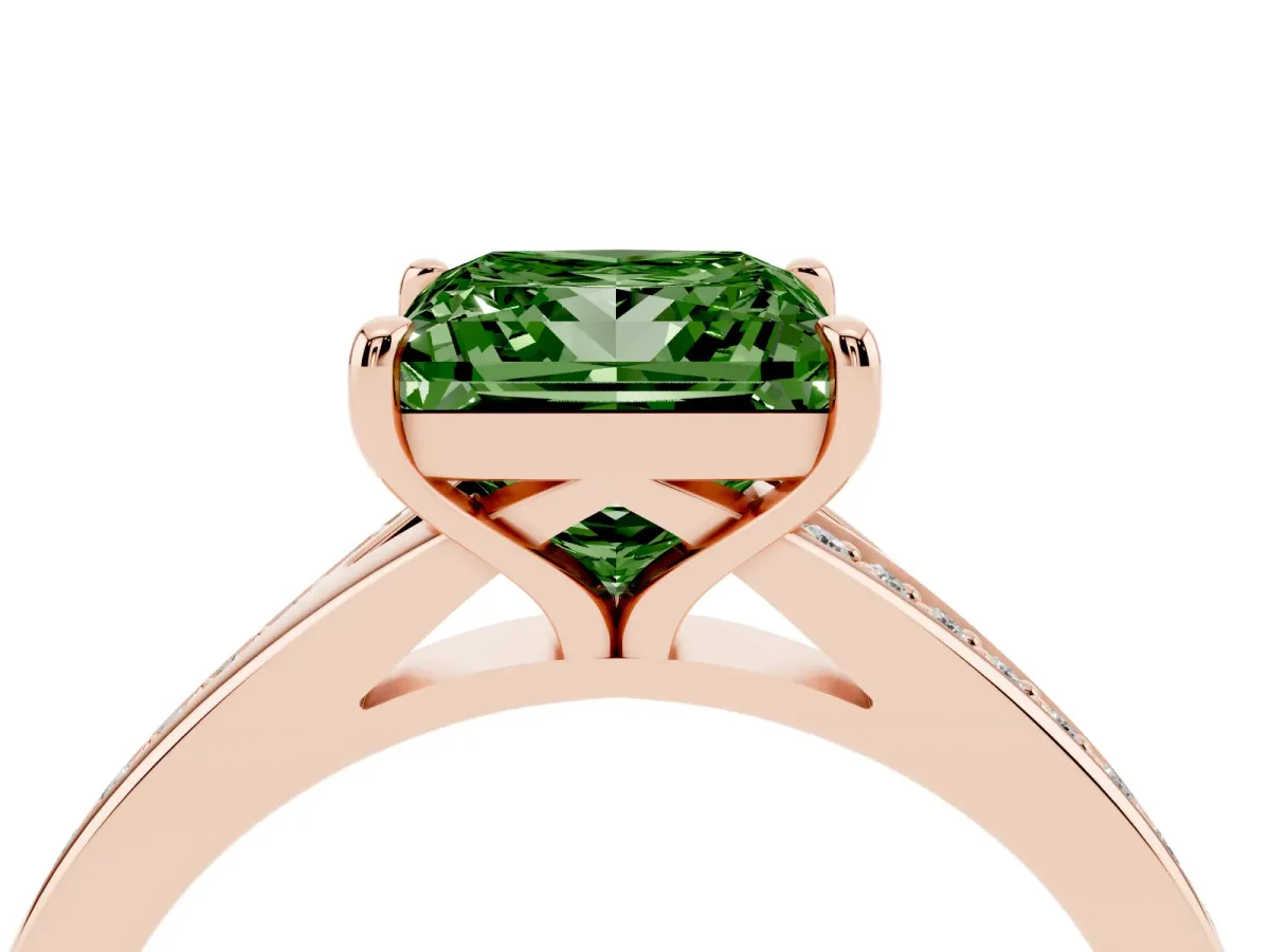 Fancy Green Princess Cut Diamond Solitaire Ring with Pavé Band and Prong Setting Rose gold