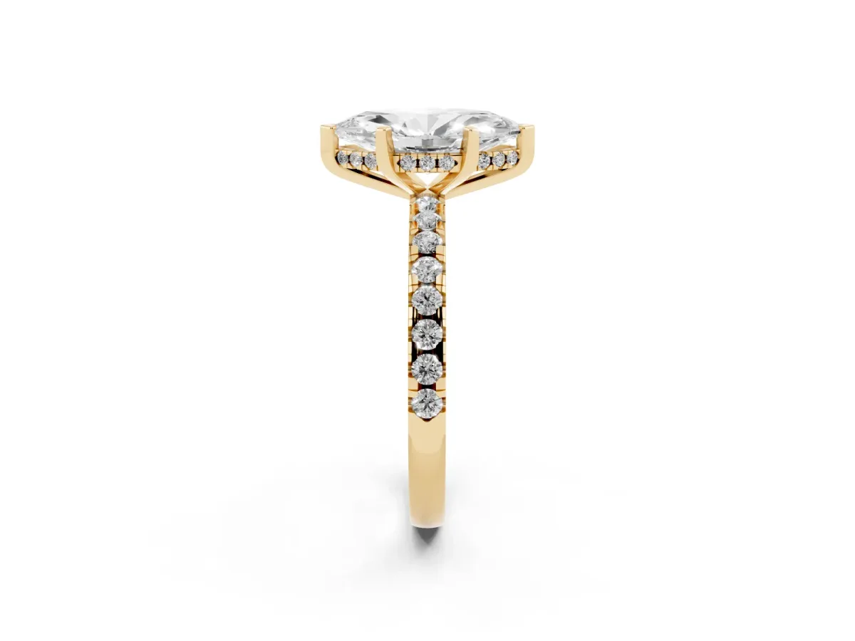 Marquise Cut Diamond Solitaire Ring with Round Pavé Band and Four-Prong Setting Yellow gold