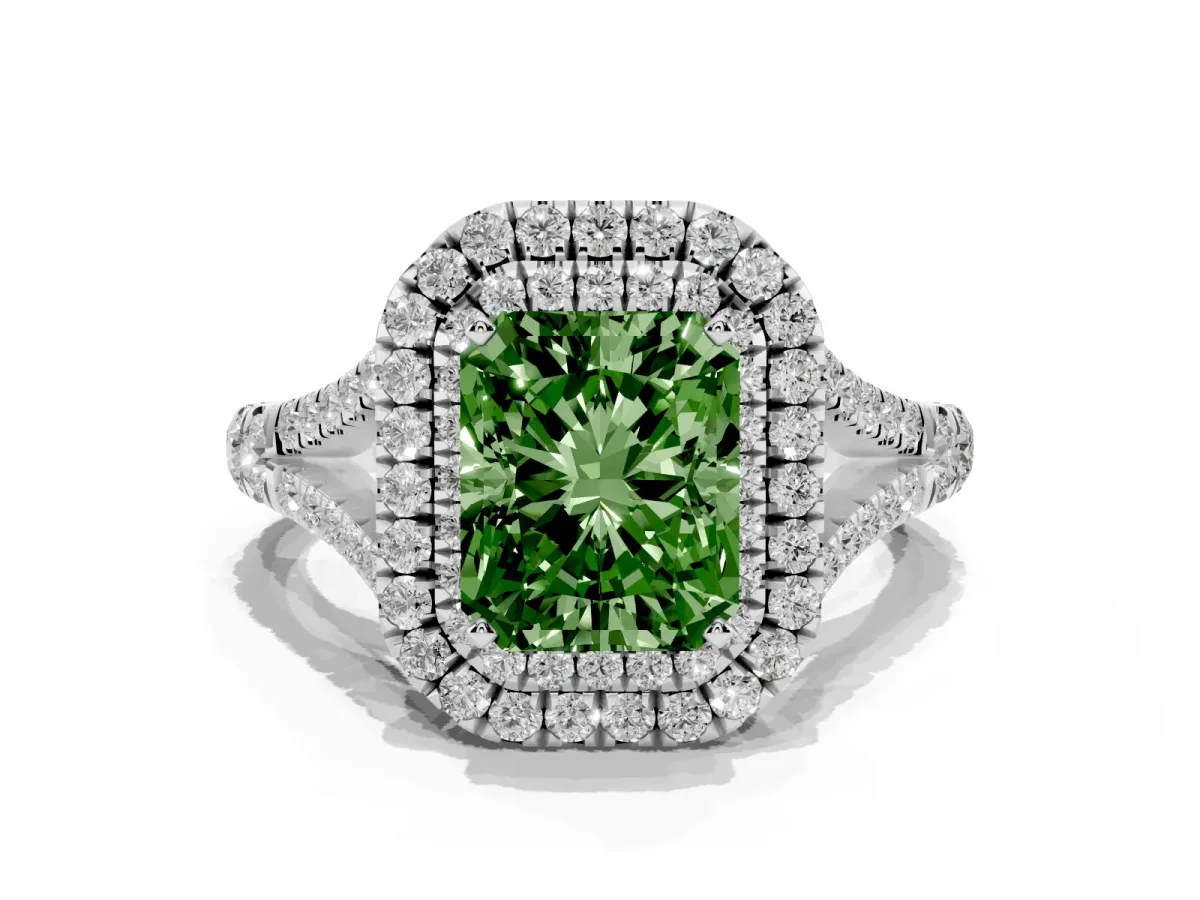 Fancy Green Radiant Cut Diamond Double Halo Ring with Split Shank and Prong Setting White gold