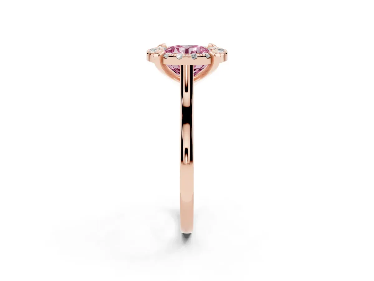 Fancy Pink Round Cut Diamond Cluster Halo Solitaire with Four-Prong Setting Rose gold