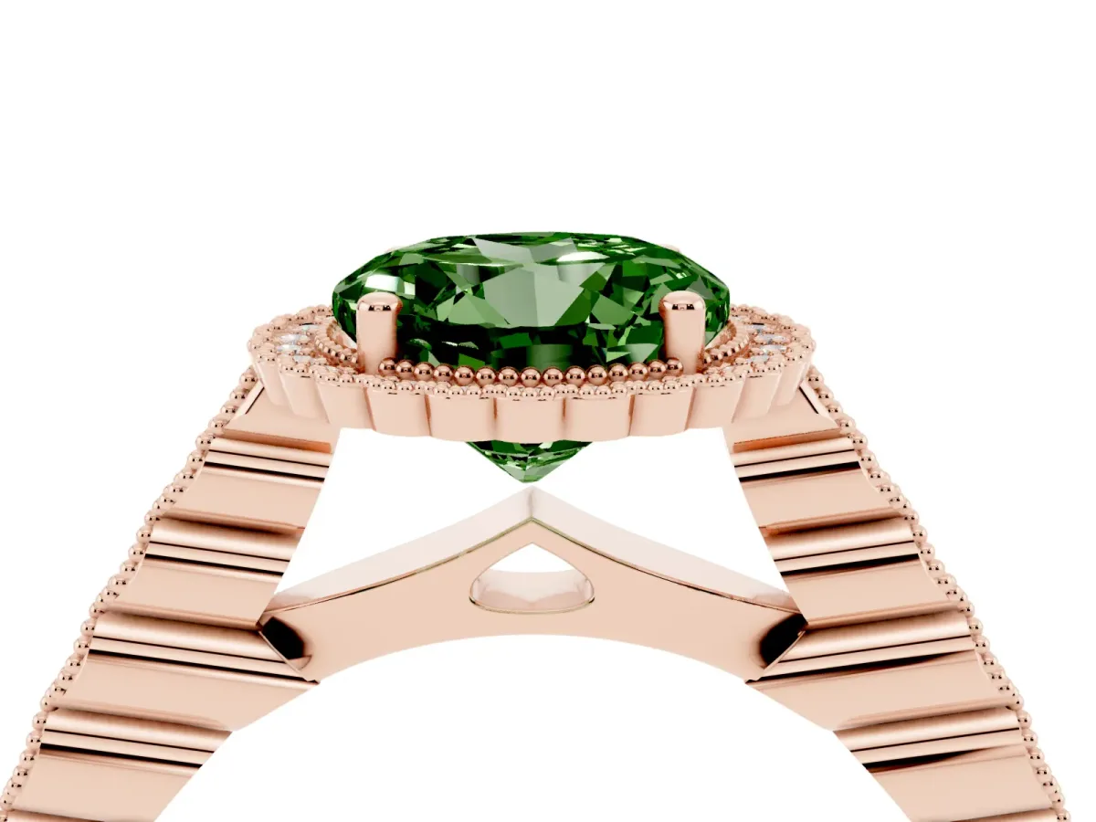 Fancy Green Round Cut Cut Halo Pavé Solitaire Ring with Milgrain Band Rose gold