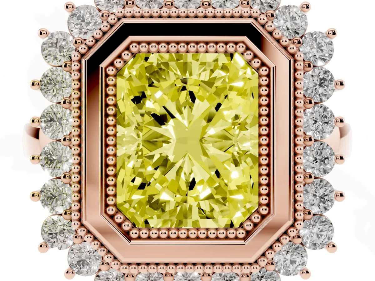 Fancy Yellow Radiant Cut Halo Diamond Ring with Milgrain Edge and Round Prong Setting Rose gold