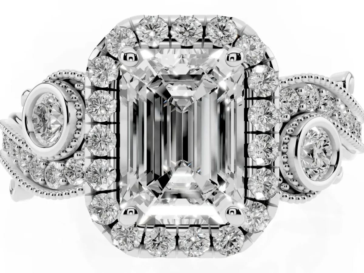 Emerald Cut Diamond Halo Ring with Milgrain Pavé Band and Four-Prong Setting White gold