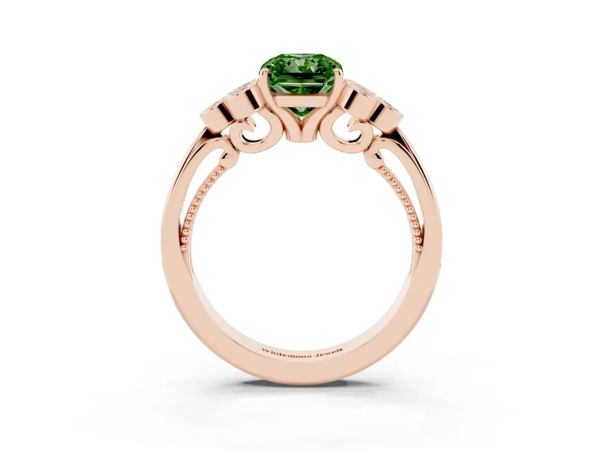 Fancy Green Radiant Cut Cut Diamond Engagement Ring with Bezel Set Round Side Stones and Prong Setting Rose gold