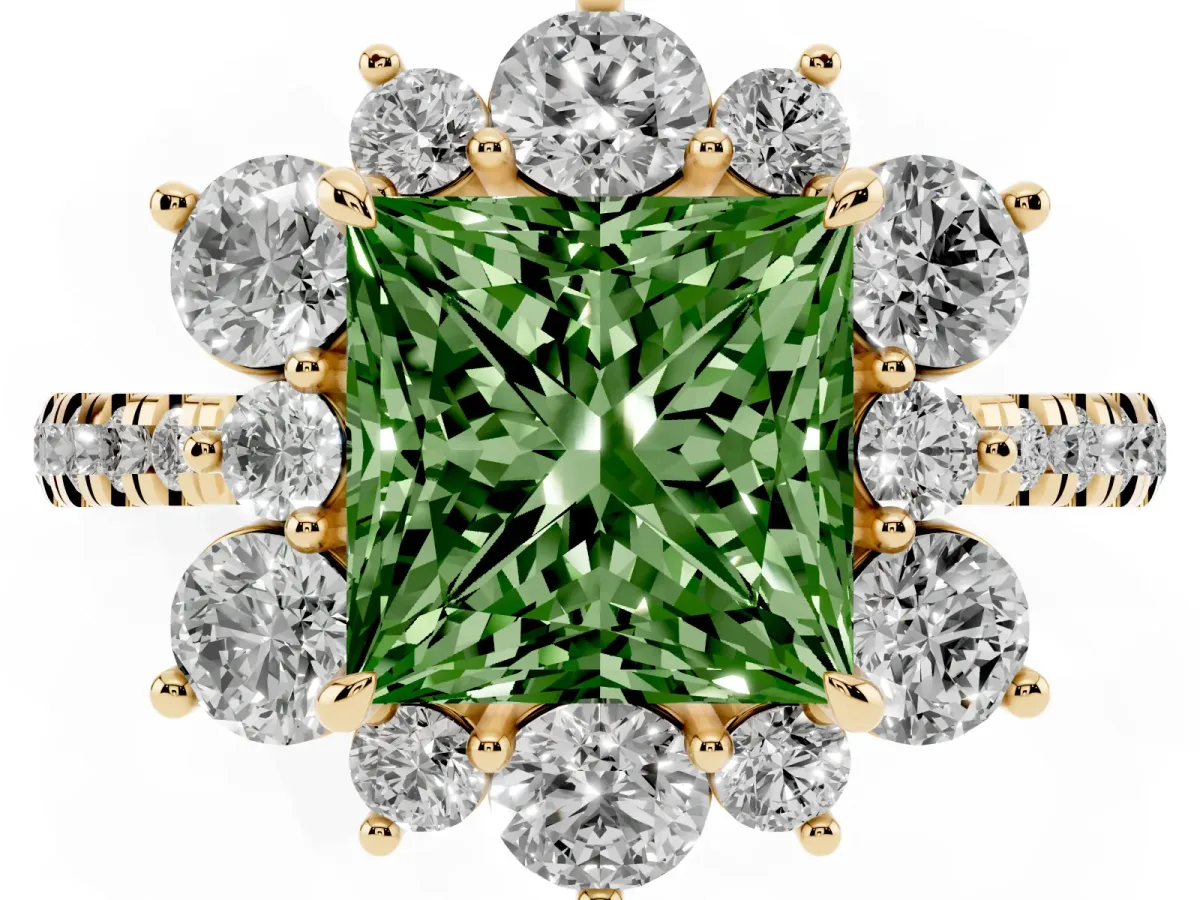 Fancy Green Princess Cut Diamond Floral Halo Ring with Round Pavé Band and Prong Setting Yellow gold
